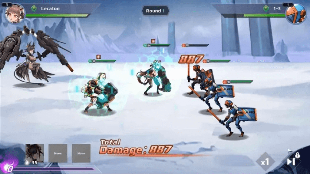 Turn-based combat showing damage numbers and team vs enemies