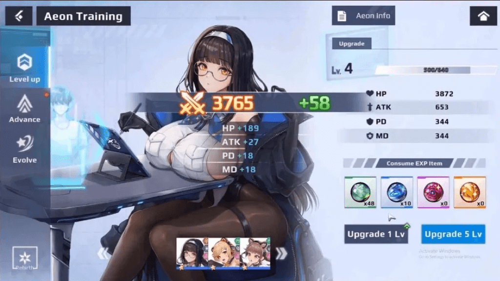 Character training screen with stat upgrades and EXP items